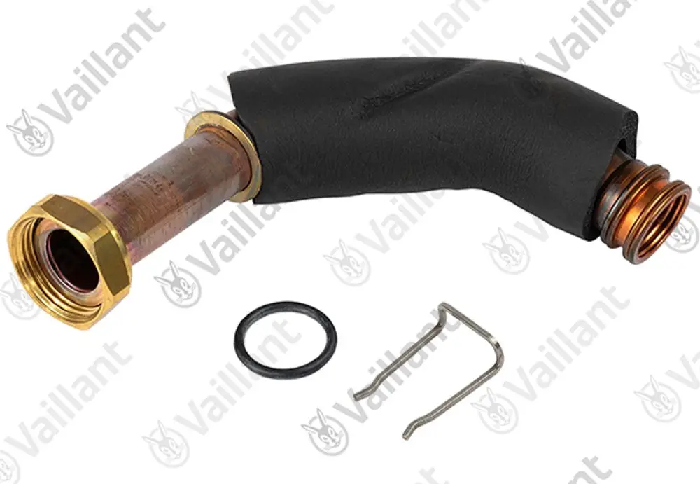 Vaillant Rohr mit einem gewundenen Verlauf, einem messingfarbenen Anschluss und einem schwarzen Gummiüberzug. Enthalten sind ein O-Ring und ein Metallclip.